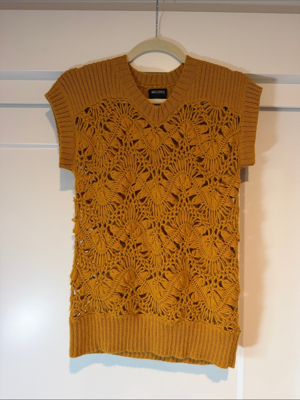 Vintage James Coviello for AnnA Sui V-Neck Crochet Sweater Vest in Mustard